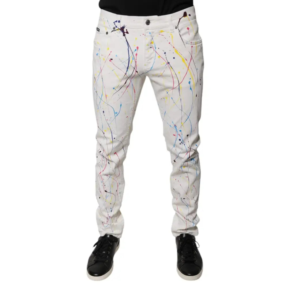 Dolce & Gabbana White Color Splash Print Skinny Denim Jeans