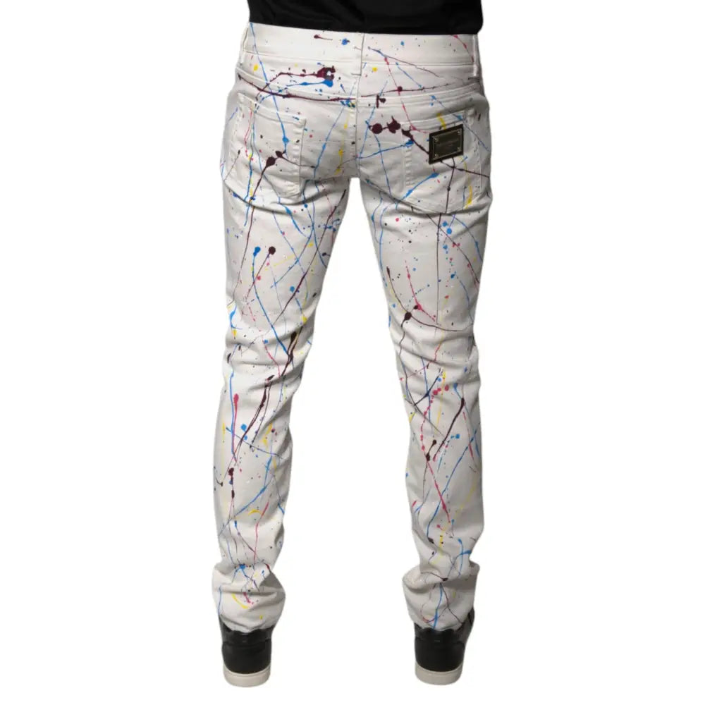 Dolce & Gabbana White Color Splash Print Skinny Denim Jeans