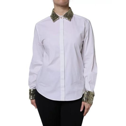 Dolce & Gabbana White Cotton Long Sleeves Sequin Shirt Top - Skjorte