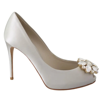 Dolce & Gabbana White Crystals Peep Toe Heels Satin Pumps Shoes