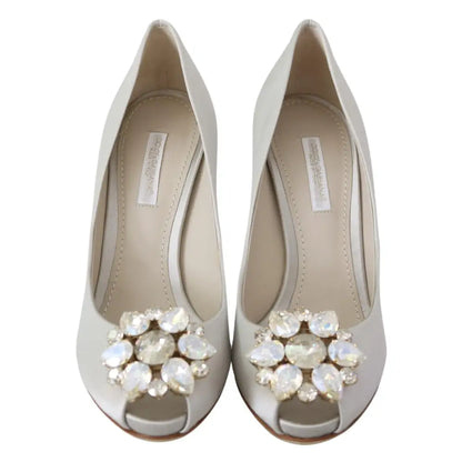Dolce & Gabbana White Crystals Peep Toe Heels Satin Pumps Shoes
