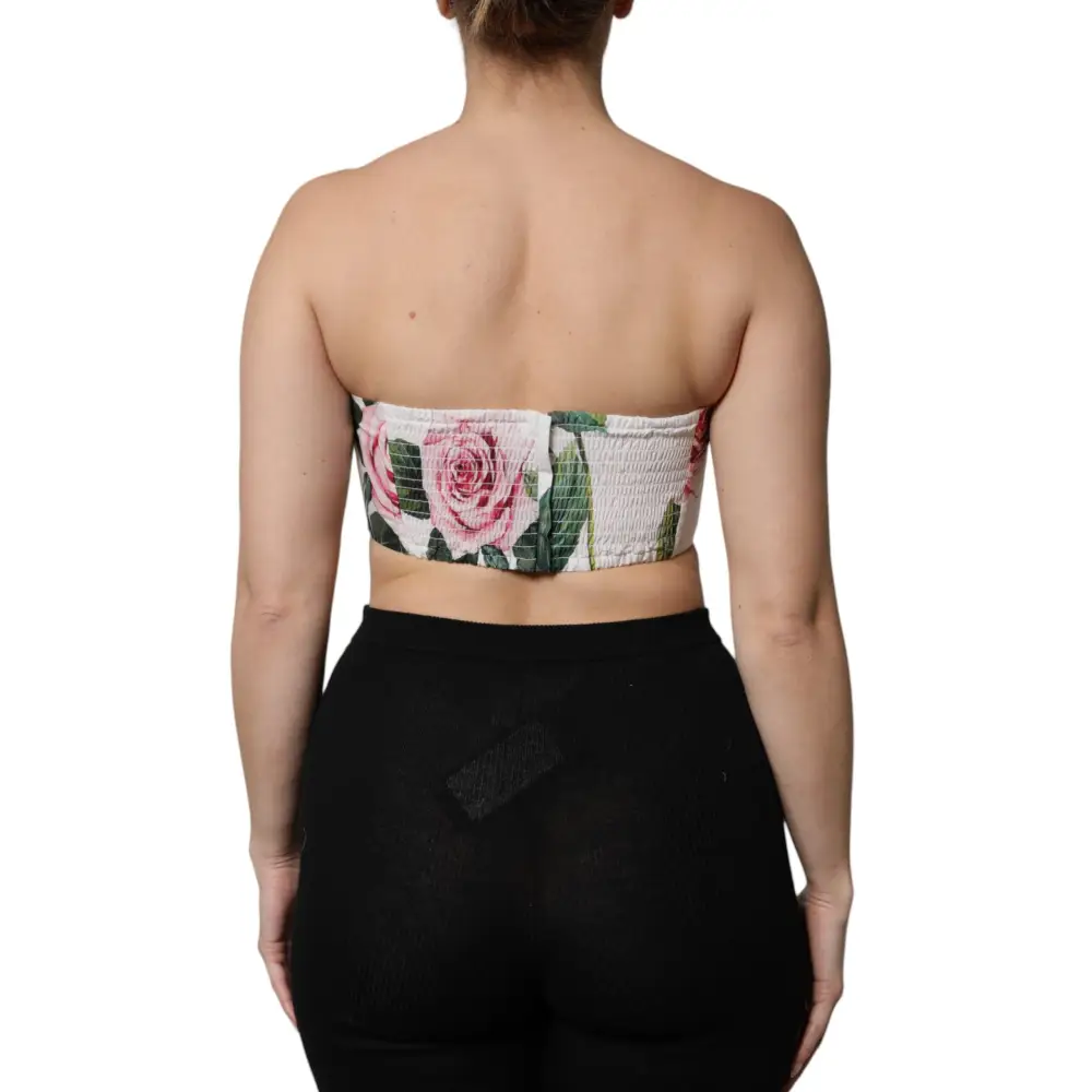 Dolce & Gabbana hvid blomstret cropped bustier corset top med pink rose mønster, spar 30-70% på mode