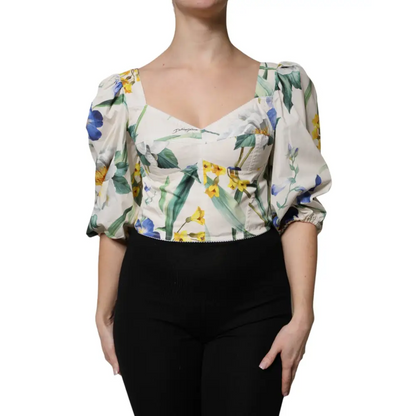 Dolce & Gabbana White Floral Puff Sleeves Crop Blouse Top - Bluser