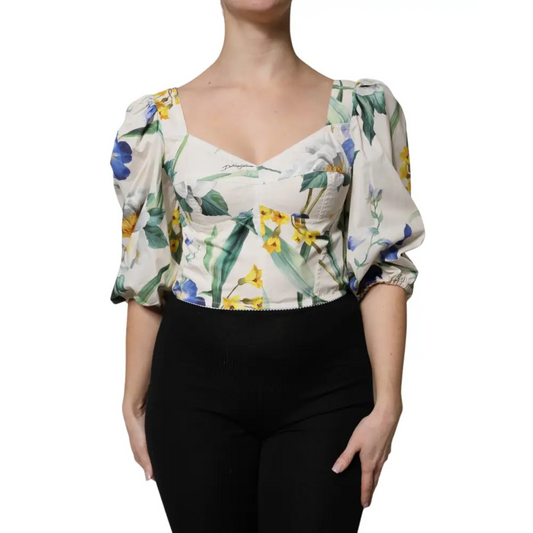 Dolce & Gabbana White Floral Puff Sleeves Crop Blouse Top - Bluser