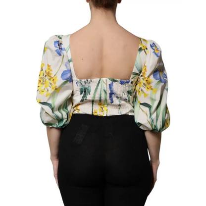 Dolce & Gabbana White Floral Puff Sleeves Crop Blouse Top - Bluser