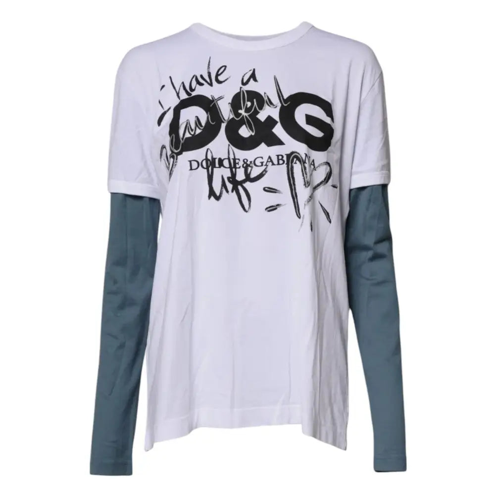 Hvid Dolce & Gabbana T-shirt med sort graphic print og teal ærmer, 100% originale brands