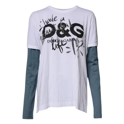 Hvid Dolce & Gabbana T-shirt med sort graphic print og teal ærmer, 100% originale brands