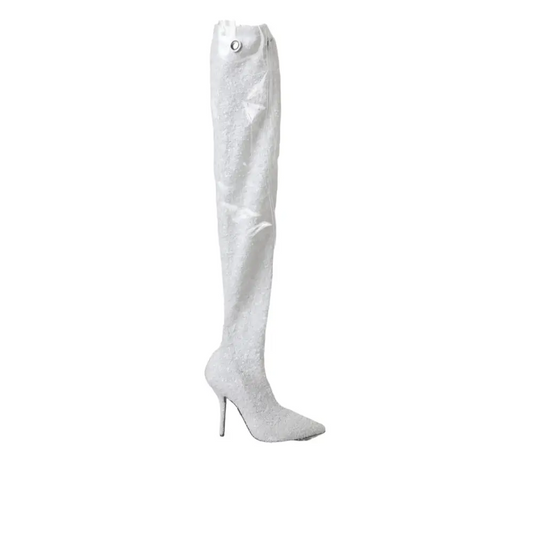 Dolce & Gabbana white heels stiletto knee high boots with glittery texture
