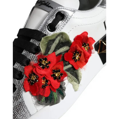 Dolce & Gabbana white leather floral studded sneakers with silver panels and red beaded appliqués