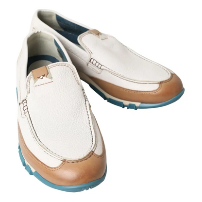 Dolce & Gabbana white leather loafers moccasins med tan læder og teal gummisål