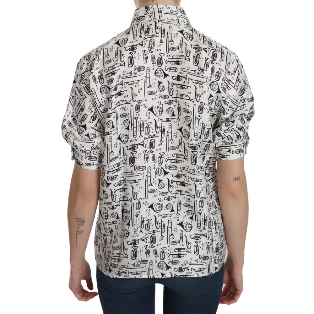 Dolce & Gabbana hvid outlet mærkevare bluse med musiktryk, spar 30-70%