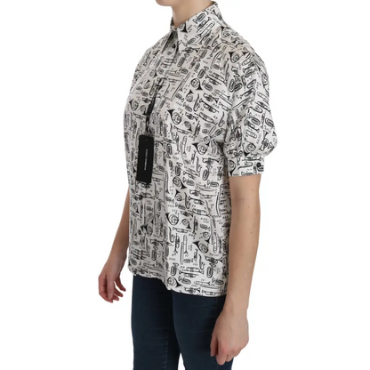 Dolce & Gabbana hvid outlet mærkevare bluse med musiktryk, spar 30-70%