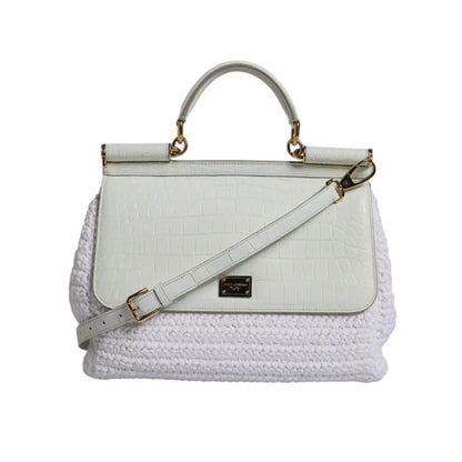 Dolce & Gabbana White Rafia Leather Top Handle Crossbody Bag