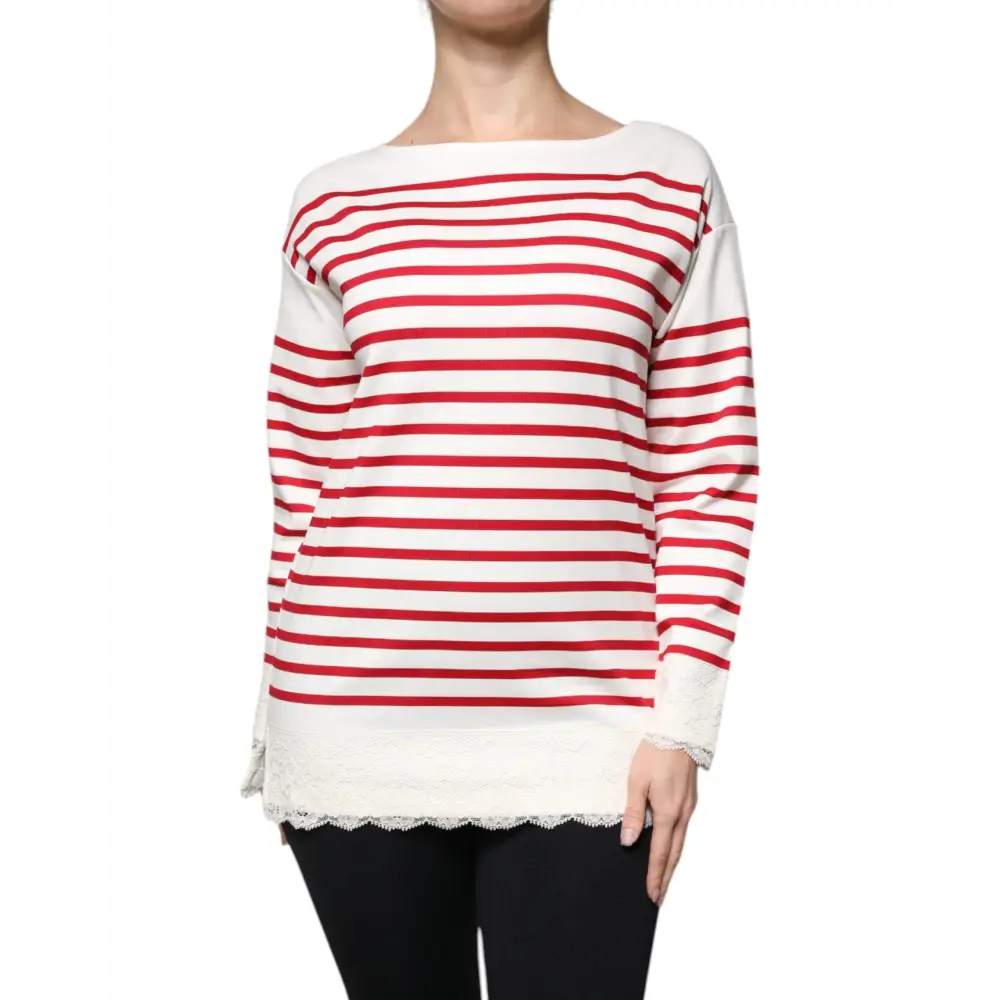 Dolce & Gabbana rød-hvid stribet langærmet top med blonds kant. Spar 30-70% på 100% originale brands