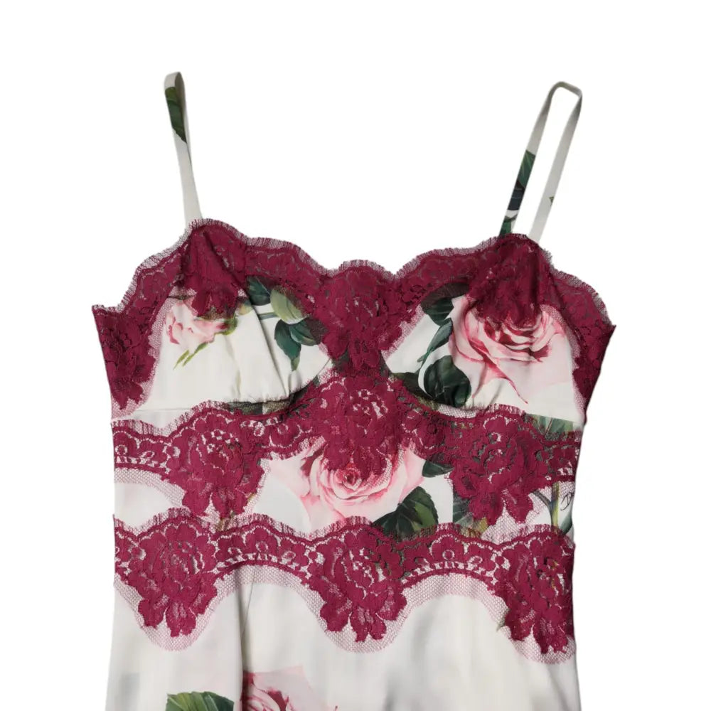 Dolce & Gabbana White Rose Print Satin Lace Tank Top Lingerie