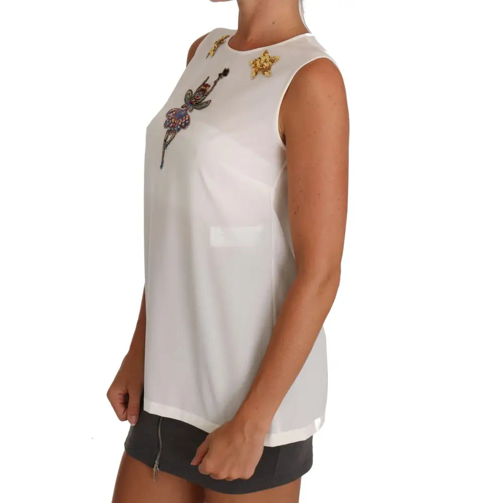 Dolce & Gabbana White Silk Embellished Crystal Sequin Fairy Top