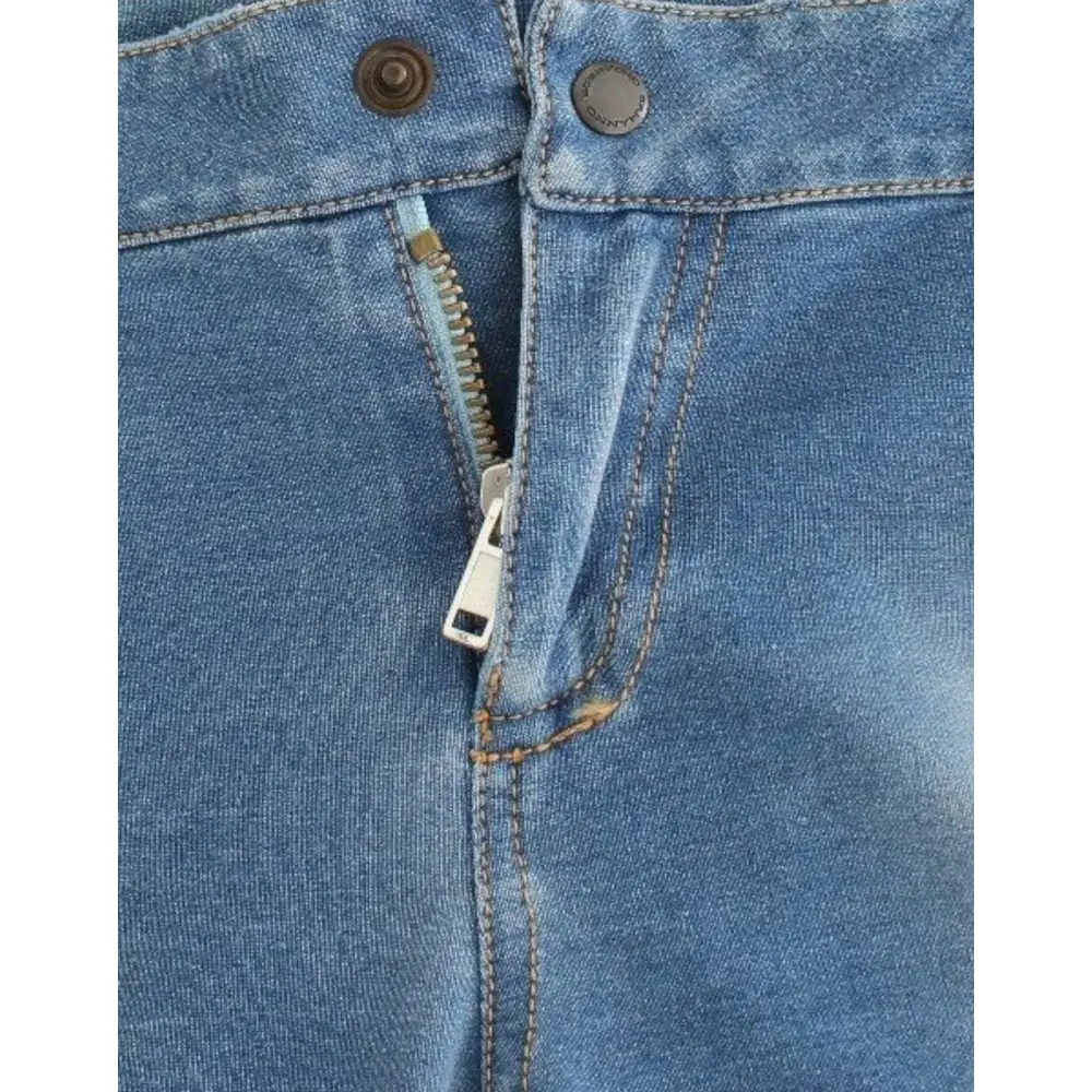 Ermanno Scervino beachwear blå capri bukser med sølv lynlås og brune metal knapper