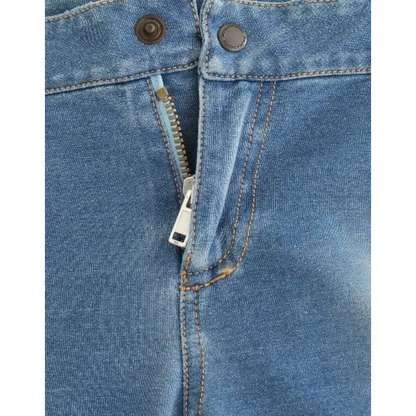 Ermanno Scervino beachwear blå capri bukser med sølv lynlås og brune metal knapper