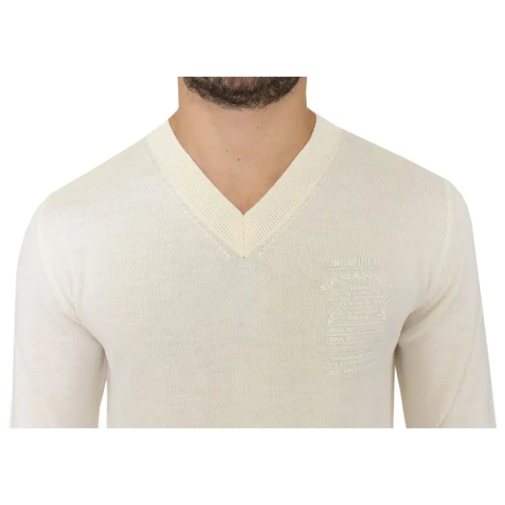 Ermanno Scervino Off White Wool Blend V-neck Pullover Sweater