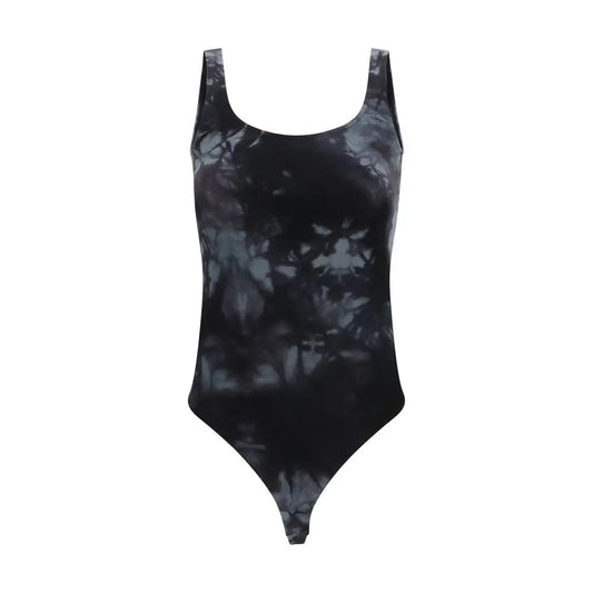 Wolford black cotton bodysuit i sort-grå tie-dye med firkantet hals