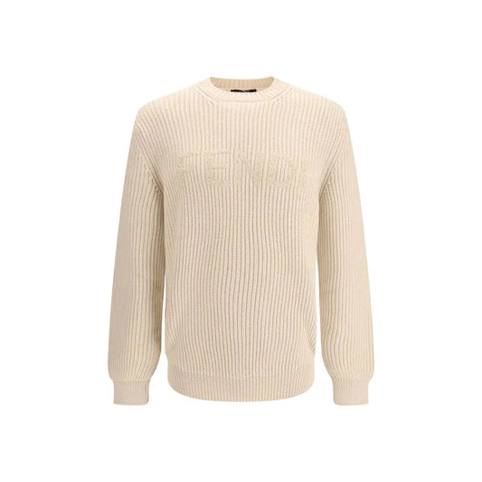 Fendi beige fleece wool sweatshirt i cremfarvet rib-strik med logo
