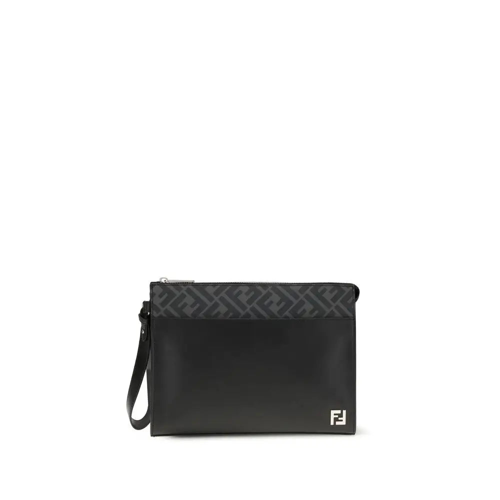 Sort Fendi læder FF canvas pouch med sort skinn og monogram