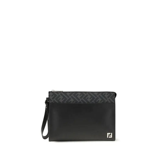 Sort Fendi læder FF canvas pouch med sort skinn og monogram
