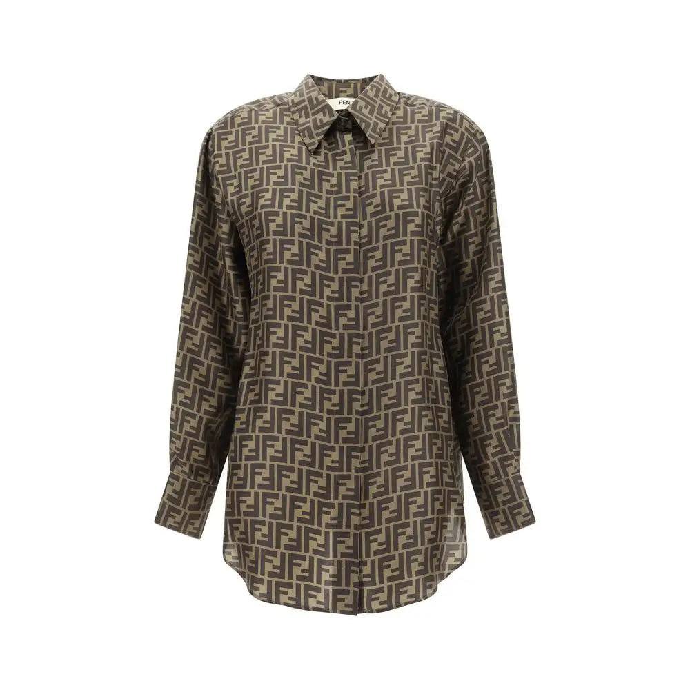 Fendi twill shirt med brunt og beige Fendi-logo print, langærmet med klassisk krave