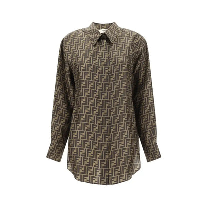 Fendi twill shirt med brunt og beige Fendi-logo print, langærmet med klassisk krave