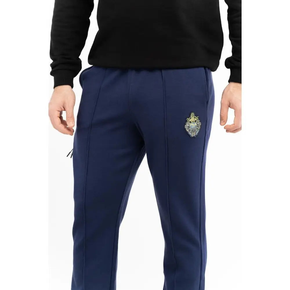 Navy blue Fila cotton joggers med broderet emblem på lår, outlet mærkevarer 100% originale
