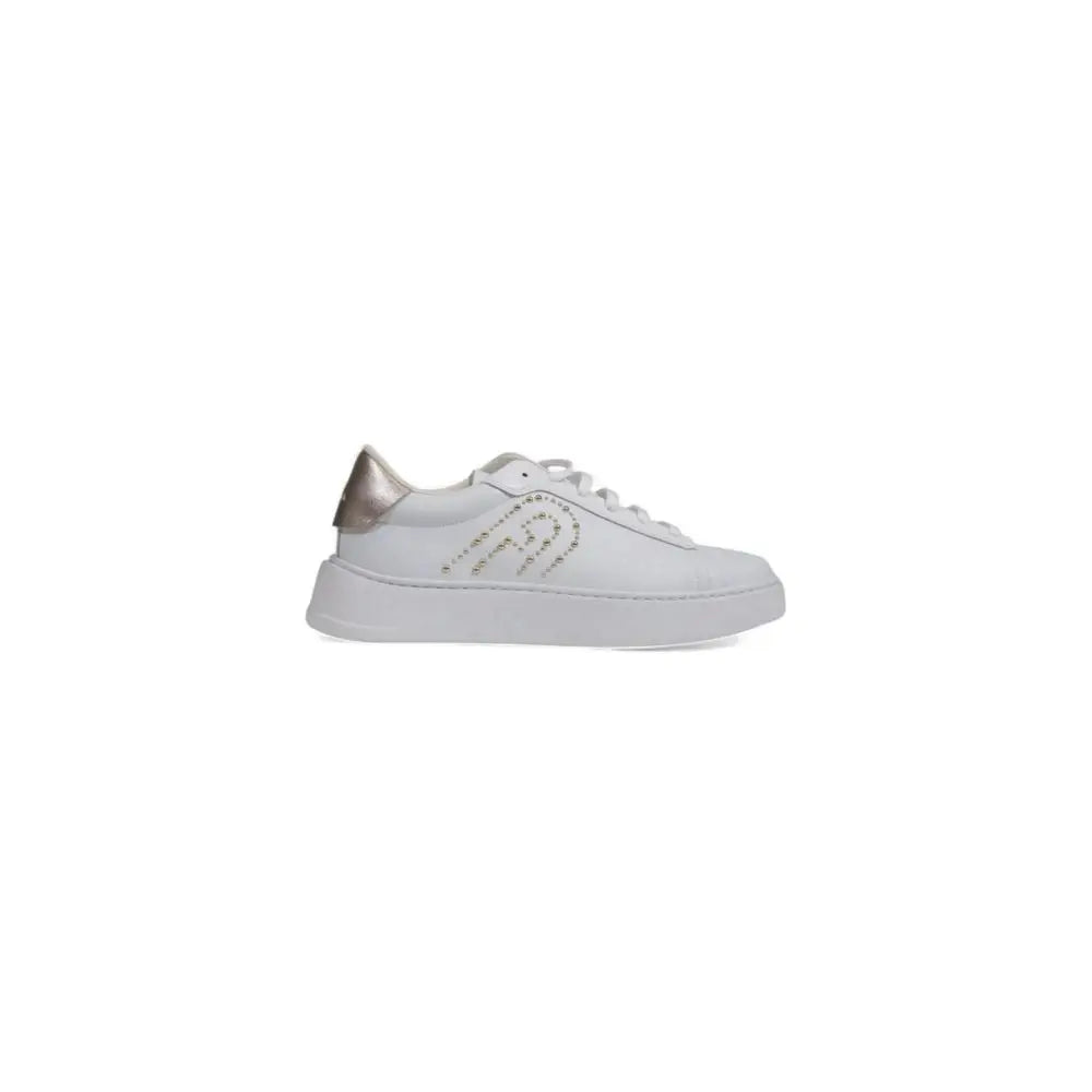 Furla white polyethylene low top sneaker med guld hæl og rhinesten-logo