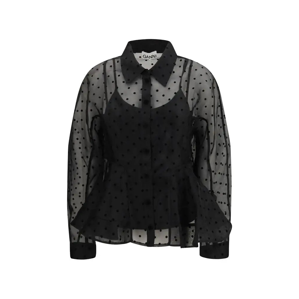 Ganni black recycled polyester pattern shirt with polka-dot sheer blouse