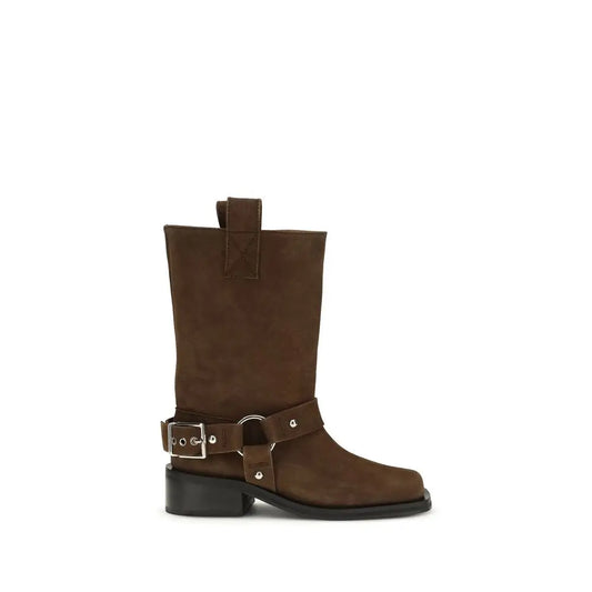 Ganni brun kalveskind Bos Taurus snørebåndsstøvler med sølvspænde og nitter