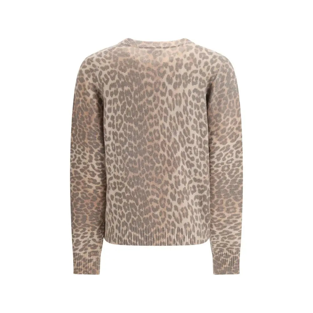 Brune uld sweatshirt fra Ganni med beige leopardmønster og ribkant