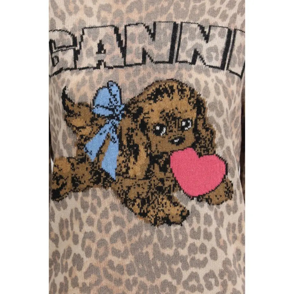 Ganni brune uld sweatshirt med beige leopardprint og strikket puddel med hjerte