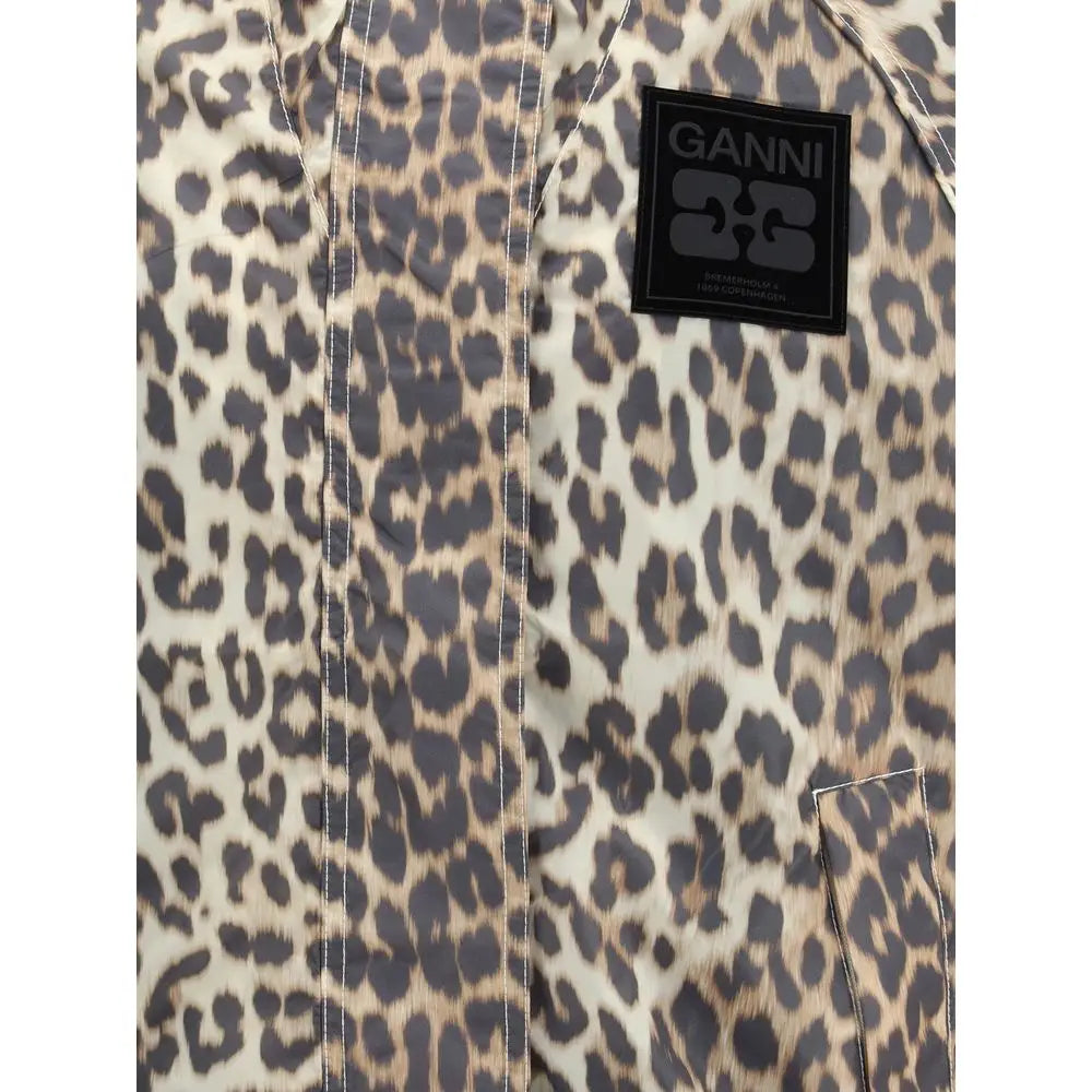 Ganni leopard regnfrakke med beige og sort leopardprint