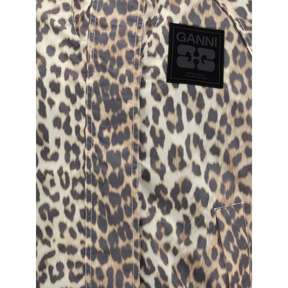 Ganni leopard regnfrakke med beige og sort leopardprint