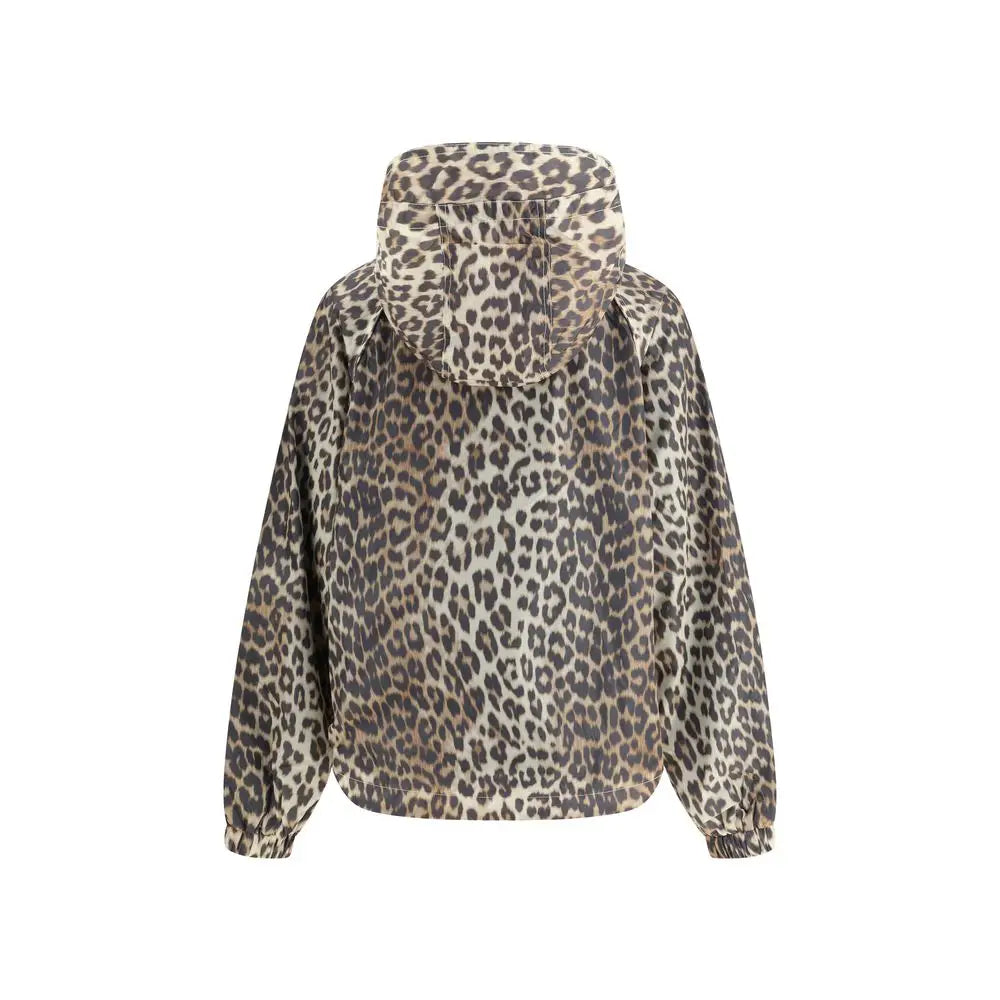 Ganni leopard regnfrakke med beige og brun leopardprint og elastiske manchetter
