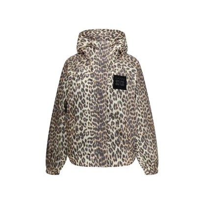 Ganni leopard regnfrakke i beige og grå leopardprint med sort patch