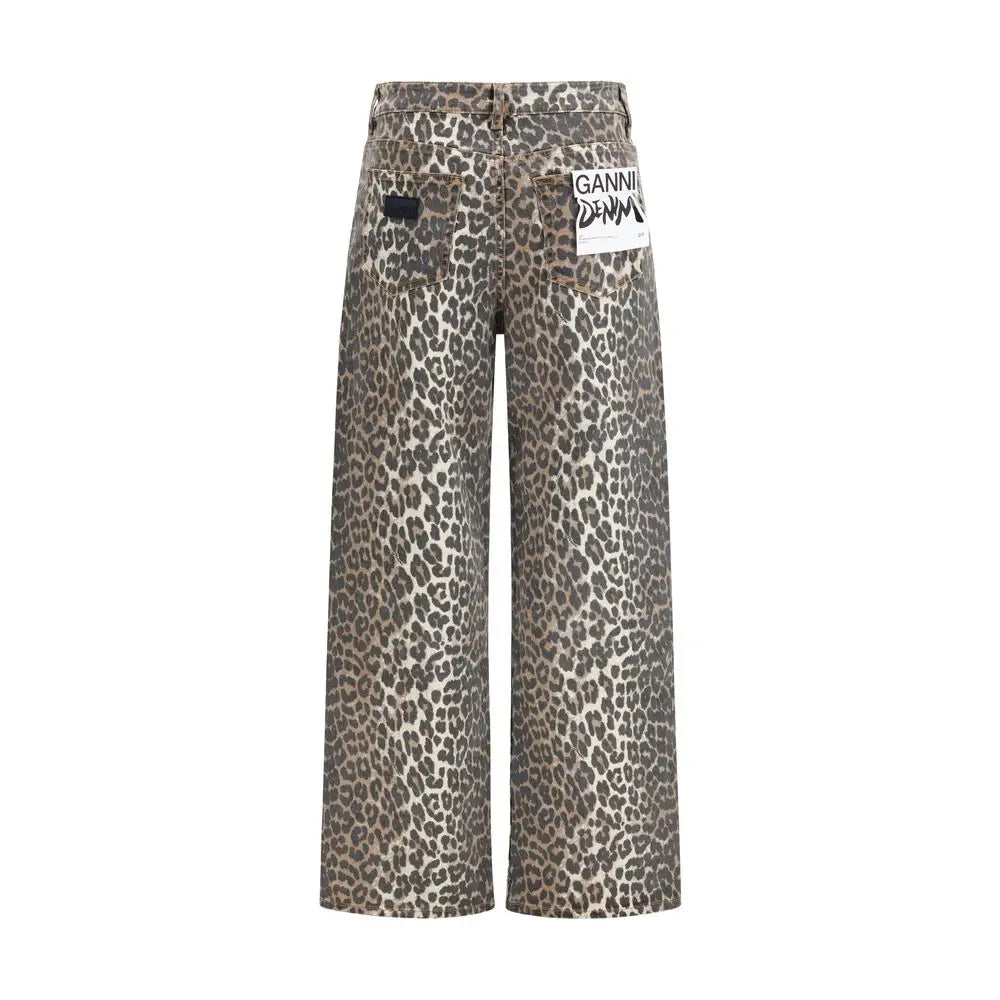 Ganni multicolor leopard-print denim bukser, 100% originale brands