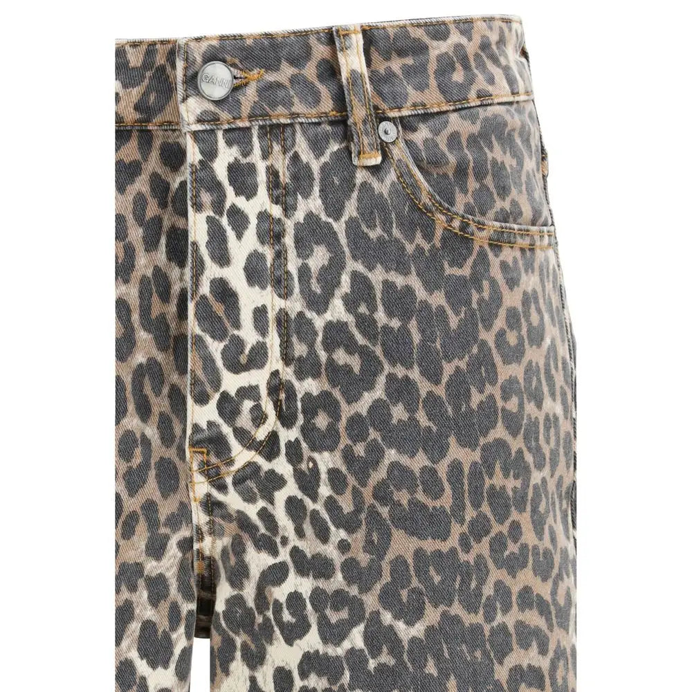 Ganni multicolor jeans med leopardprint, distressed look og sølv hardware