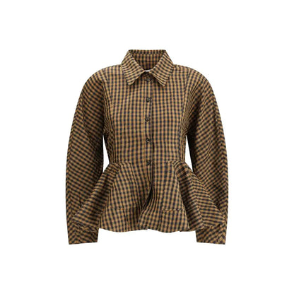 Ganni multicolor polyester blouse i brun og sort ternmønster med knapfront