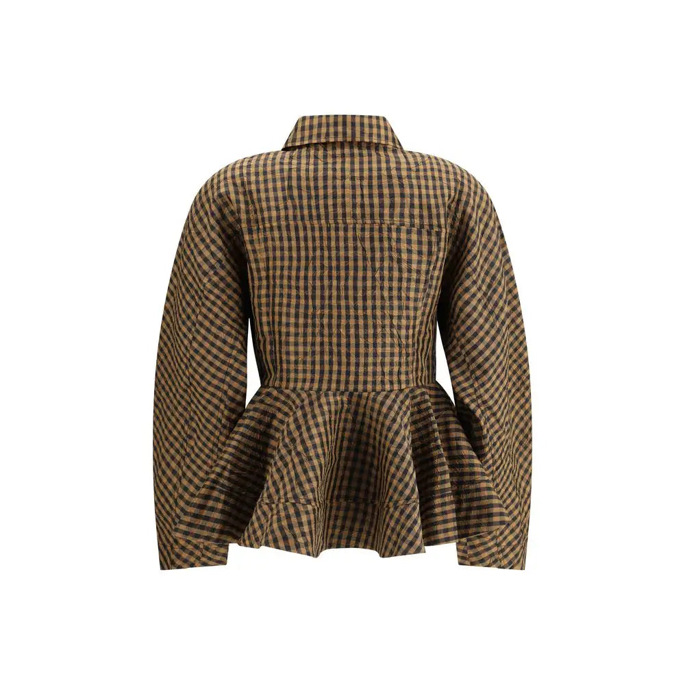 Ganni multicolor polyester blouse med brun og sort ternet peplum og struktureret krave