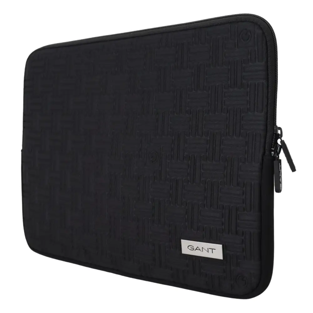 Sort padded pouch taske med sort vævet mønster og lynlås