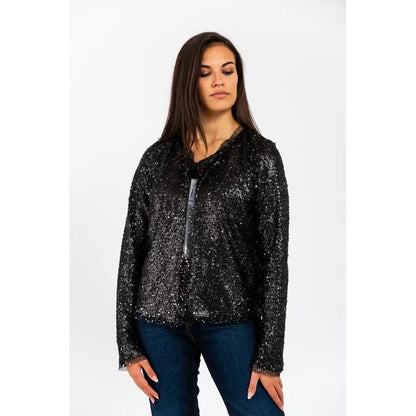 Gas sorte polyamid blazer i sort med subtil glans og blondecant trim