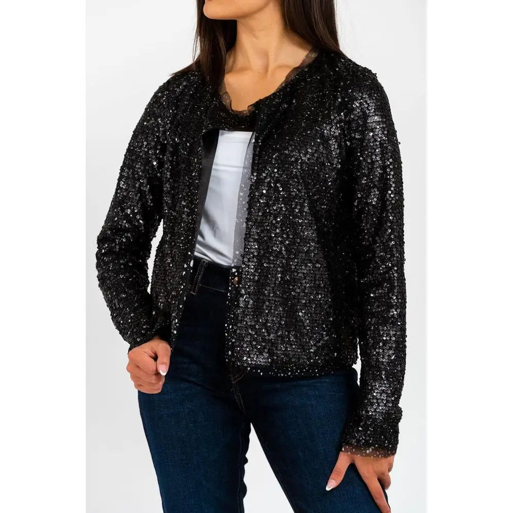 Sorte polyamid blazer fra Gas med sort sequin cardigan og lace krave