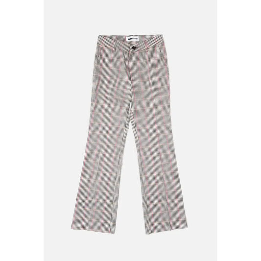 Gas sorte polyesterbukser med sort-pink hundetandsmønster og knapforlukning