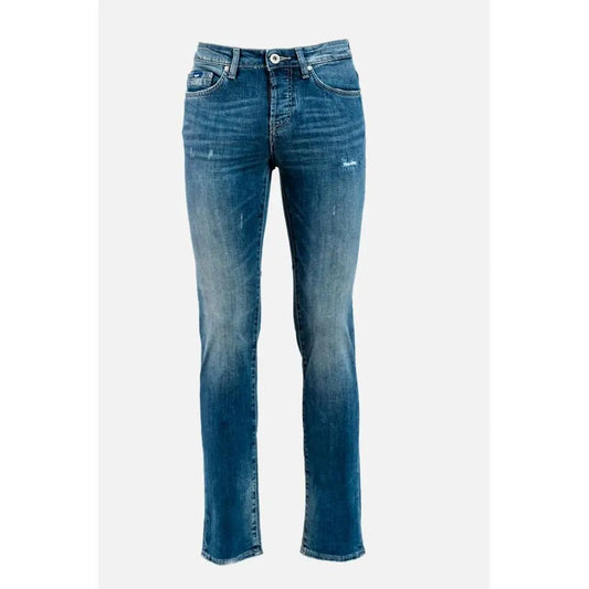 Gas blue cotton jeans denim med falmet vask og subtile distressed detaljer