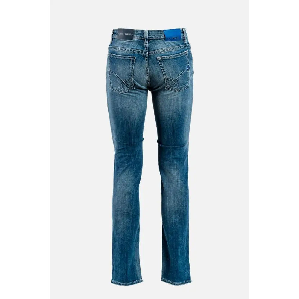 Gas Blue Cotton jeans med falmet vask og subtil whiskering i klassisk femlommedesign