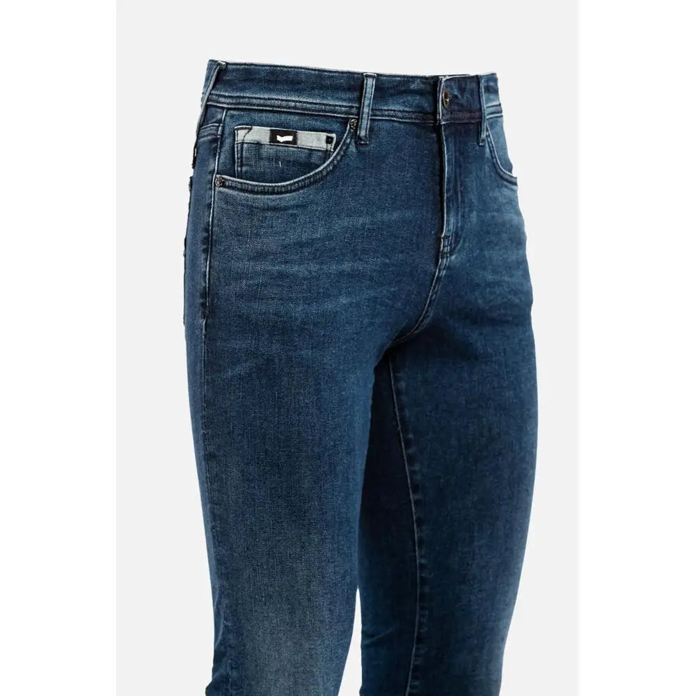 Mørkeblå gas blue cotton skinny jeans med sort logo på lommen